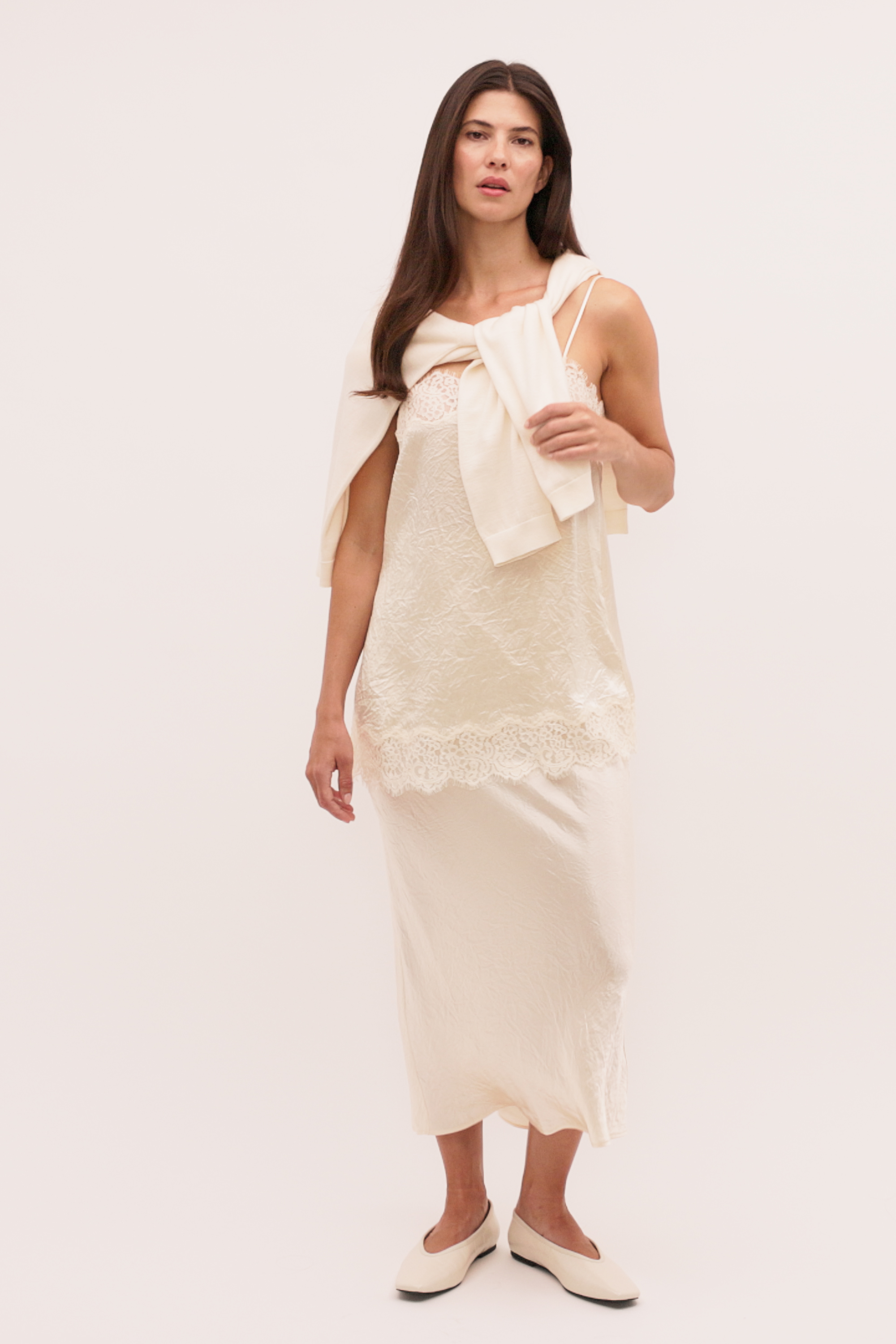 Crinkled Satin Lace Square Neck Cami | Coconut Cream | Seed Heritage